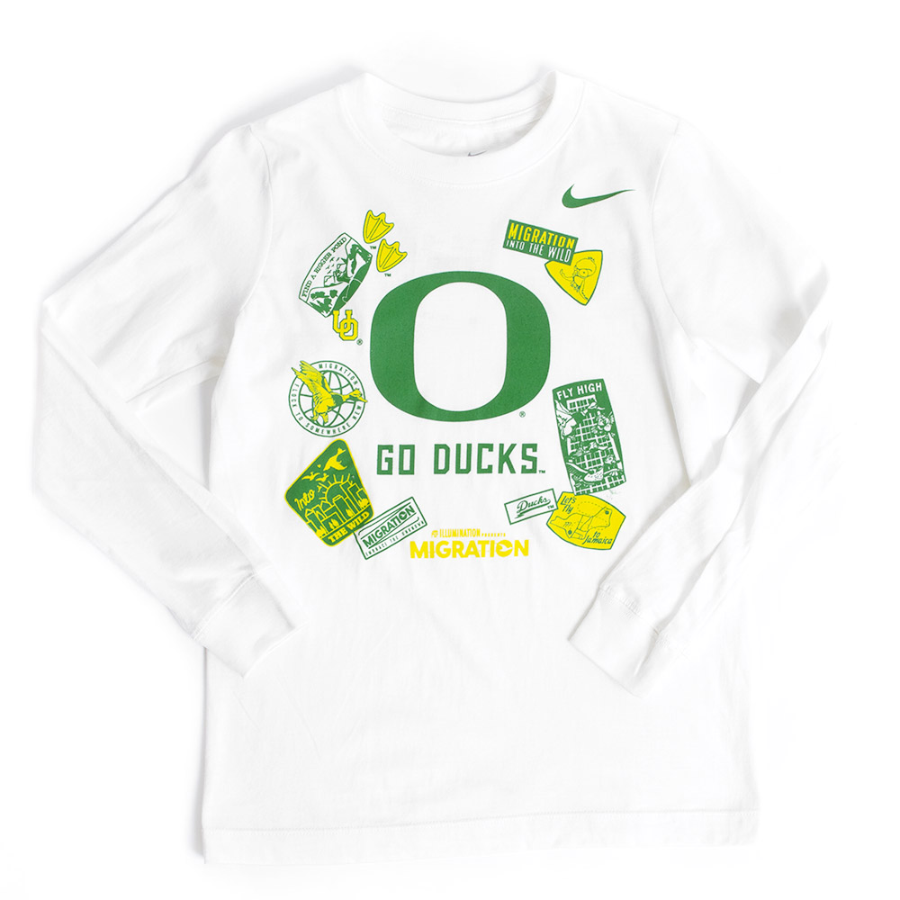 Classic Oregon O, Nike, White, Long Sleeve, Kids, Youth, Migration Pack, Multi-graphic, T-Shirt, 777428